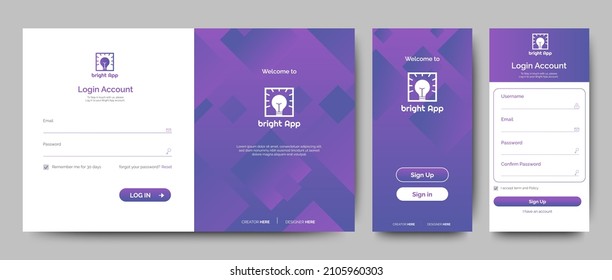 Set of Sign Up and Sign In forms. Purple gradient. Mobile Registration and login forms page. Professional web design, full set of elements. User-friendly design materials.