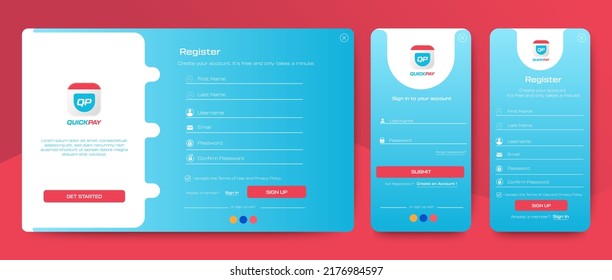 Set of Sign Up and Sign In forms. purple gradient. Mobile Registration and login forms page. Professional web design, full set of elements. User-friendly design materials.	
 svg