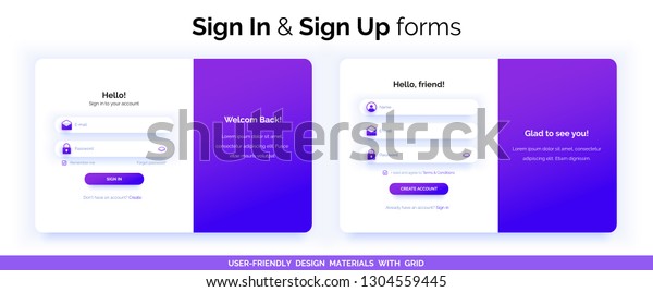 Set of Sign Up and Sign\
In forms. Purple gradient. Registration and login forms page.\
Professional web design, full set of elements. User-friendly design\
materials.