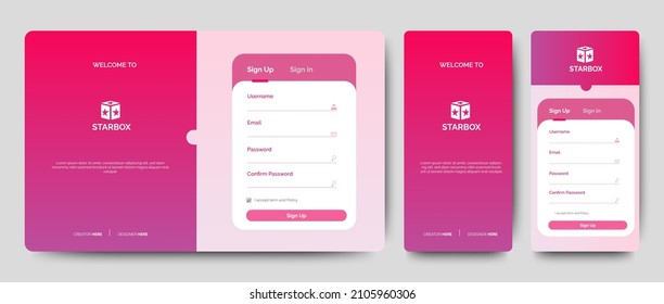 Configurar formularios de suscripción e inicio de sesión. Gradiente rojo. Página Registro móvil y formularios de inicio de sesión. Diseño web profesional, conjunto completo de elementos. Materiales de diseño fáciles de usar.