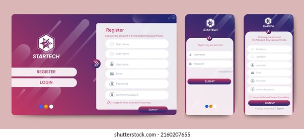 Set of Sign Up and Sign In forms. Red gradient background with modern logo. Registration and login forms page. Professional web design, full set of elements. User-friendly design materials.