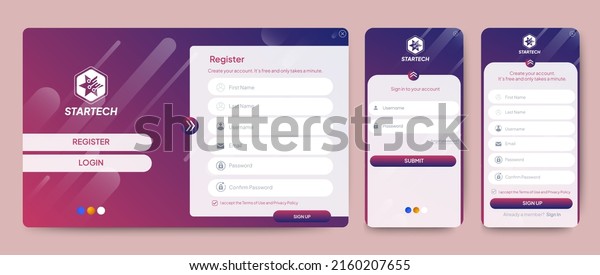 Set\
of Sign Up and Sign In forms. Red gradient background with modern\
logo. Registration and login forms page. Professional web design,\
full set of elements. User-friendly design\
materials.