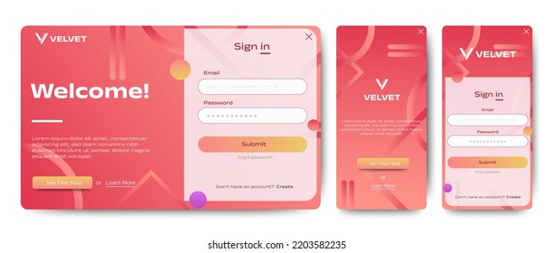 Set of Sign Up and Sign In forms. Red velvet background with modern logo. Registration and login forms page. Professional web design, full set of elements. User-friendly design materials.