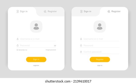 Set of Sign Up and Sign In forms. Registration and login forms page. Professional and User-friendly web and UI UX design elements. Modern Sign in and Register page. Username, email and password.