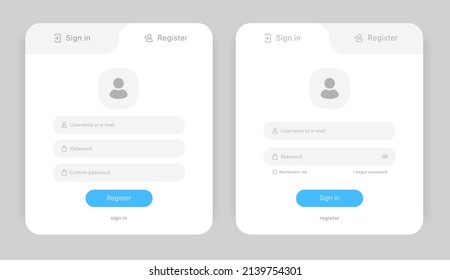 Set of Sign Up and Sign In forms. Registration and login forms page. Professional and User-friendly web and UI UX design elements. Modern Sign in and Register page. Username, email and password. svg