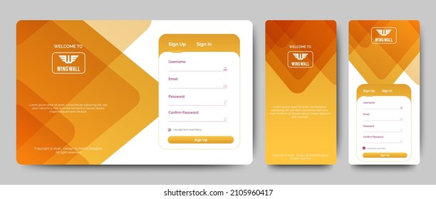 Set of Sign Up and Sign In forms. Yellow gradient. Mobile Registration and login forms page. Professional web design, full set of elements. User-friendly design materials.