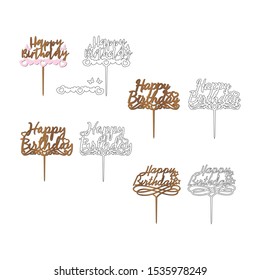 Set of sign 'Happy birthday' cake toppers for laser or milling cut. Cut for decoration design. Happy birthday topper. Holiday greeting. Elegant decoration. Laser cut. Isolated design element.