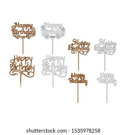 Set of sign 'Happy birthday' cake toppers for laser or milling cut. Cut for decoration design. Happy birthday topper. Holiday greeting. Elegant decoration. Laser cut. Isolated design element.