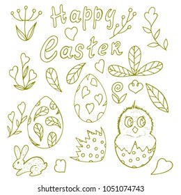 set with the sign of happy easter, hand-drawn, vector illustration, plants, easter eggs, chicken, bird, rabbit