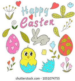 set with the sign of happy easter, hand-drawn, vector illustration, plants, easter eggs, chicken, bird, rabbit