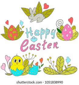 set with the sign of happy easter, hand-drawn, vector illustration, plants, easter eggs, chicken, bird, rabbit