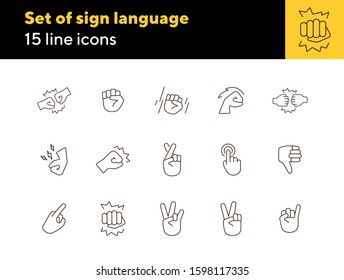 Set of sign language flat line icons. Gesturing isolated sign pack. Gesture concept. Vector illustration symbol elements for web design