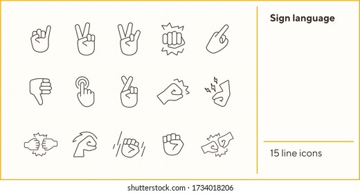 Set of sign language flat line icons. Gesturing isolated sign pack. Gesture concept. Vector illustration symbol elements for web design