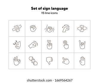 Set of sign language line icons. Gesturing isolated sign pack. Gesture concept. Vector illustration symbol elements for web design