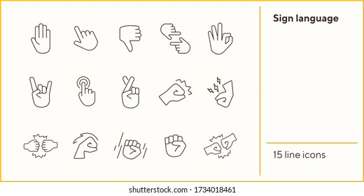 Satz von Symbolen für Zeichensprache. Gesten einer isolierten Zeichenkette. Gesture-Konzept. Vector-Illustrationssymbole