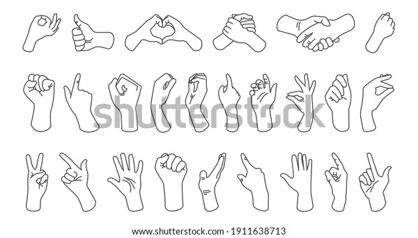 Set\
of sign language symbols.  Different hand\
gestures.