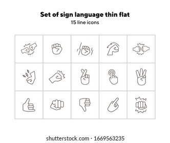 Set of sign language thin flat icons. Gesturing isolated sign pack. Gesture concept. Vector illustration symbol elements for web design