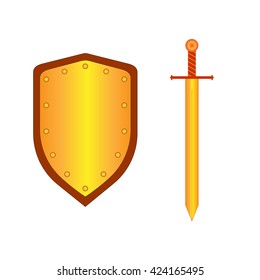 Set of sign shield and sword gold. Combat icon isolated on white background. Mark with volume effect. Symbol of a bronze elements. Logo for military and security. Stock vector illustration