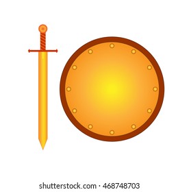 Set of sign shield and sword gold. Round combat icon isolated on white background. Mark with volume effect. Symbol of a bronze elements. Logo for military and security. Stock vector illustration