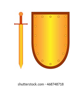 Set of sign shield and sword gold. Combat icon isolated on white background. Mark with volume effect. Symbol of a bronze elements. Logo for military and security. Stock vector illustration