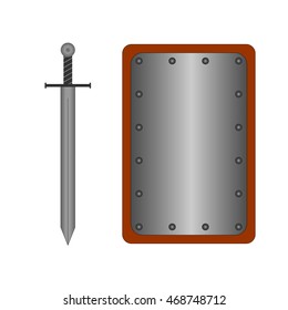 Set of sign shield and sword silver. Rectangle combat icon isolated on white background. Mark with volume effect. Symbol of a steel elements. Logo for military and security. Stock vector illustration