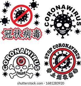 set sign with skull. "STOP CORONAVIRUS"(Chinese 停止冠状病毒), t-shirt design