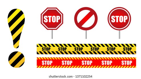 set sign Stop. Circle road sign. exclamation mark yellow and black stripes. Design for banner, button, poster or signboard. isolated on white background.