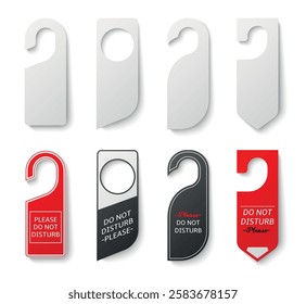 Set sign templates do not disturb. Realistic mockup, empty blank labels, simple design for hotel or business lock door. White cardboard tags hanging. Information boards. Vector set