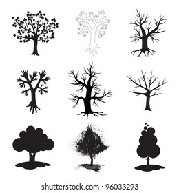Set of sign of tree in black and white graphics.