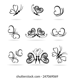 Set of sign vector butterflies and hearts, isolated on white background