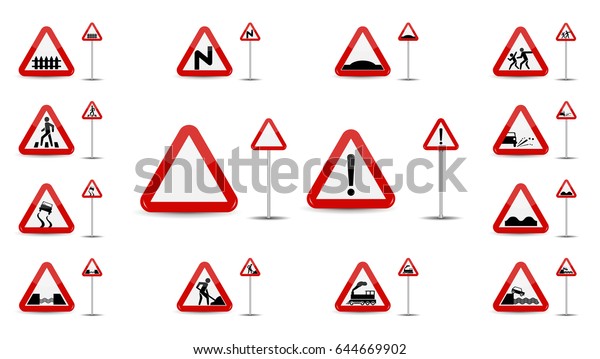 Set\
of Sign Warning. In Red Triangle is a sketchy different types of\
special signs for car drivers. Vector\
Illustration.