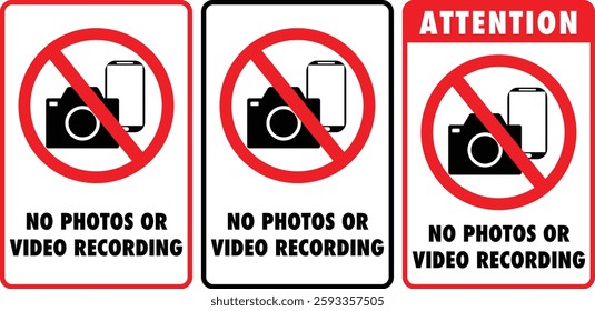 Set of signage with crossed-out camera and phone indicating prohibition of photography and video recording. "Attention" header on one of the signs.