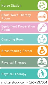 Set of signage icons in hospital. nurse station, Short Wave therapy room, Equipment Preparation room, Changing room, Breastfeeding room, Physical Therapy 