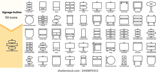 Gruppe von Signage-Gliederungssymbolen. Einfache Line-Art-Stil-Symbole packen. Vektorgrafik