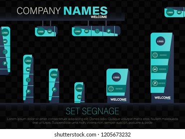 Set signage. A set of signboards for business. A set of outdoor and indoor signs for advertising.  Office exterior monument sign, pylon sign, signage, advertising construction.