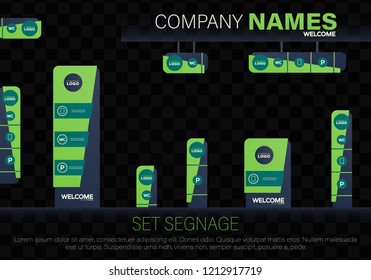 Set signage. A set of signboards for business. A set of outdoor and indoor signs for advertising.  Office exterior monument sign, pylon sign, signage, advertising construction.