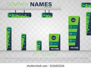 Set signage. A set of signboards for business. A set of outdoor and indoor signs for advertising.  Office exterior monument sign, pylon sign, signage, advertising construction.