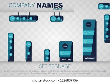 Set signage. A set of signboards for business. A set of outdoor and indoor signs for advertising.  Office exterior monument sign, pylon sign, signage, advertising construction.