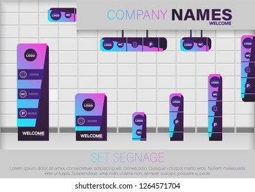 Set signage. A set of signboards for business. A set of outdoor and indoor signs for advertising.  Office exterior monument sign, pylon sign, signage, advertising construction.