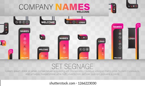 Set signage. A set of signboards for business. A set of outdoor and indoor signs for advertising.  Office exterior monument sign, pylon sign, signage, advertising construction.