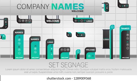 Set signage. A set of signboards for business. A set of outdoor and indoor signs for advertising.  Office exterior monument sign, pylon sign, signage, advertising construction.