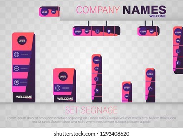 Set signage. A set of signboards for business. A set of outdoor and indoor signs for advertising.  Office exterior monument sign, pylon sign, signage, advertising construction.