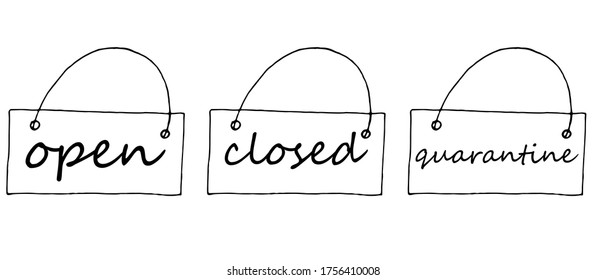 set of signage for the store - open, closed, quarantine, vector illustration in doodle style, black outline