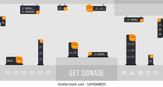 Set Of Signage Vector. Direction, Pole, Wall Mount And Traffic Signage System Design Template Set. Exterior And Interior Signage Concept. Office Exterior Monument Sign, Pylon Sign. Vector 