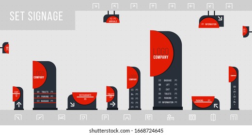 Set Of Signage Vector. Direction,pole, Wall Mount And Traffic Signage System Design Template Set.Exterior And Interior Signage Concept. Office Exterior Monument Sign, Pylon Sign. 