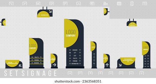 Zeichensatz, Vektorgrafik. außen und innen beschilderte Beschilderung. Design-Template-Set für Richtung, Pol, Wandmontage und Verkehrssignatur. Außenschild des Büros, Pylonschild.