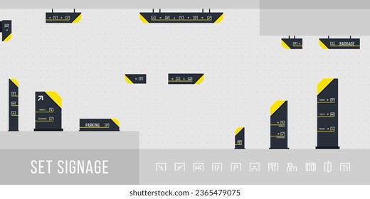 Zeichensatz, Vektorgrafik. außen und innen beschilderte Beschilderung. Design-Template-Set für Richtung, Pol, Wandmontage und Verkehrssignatur. Außenschild des Büros, Pylonschild.