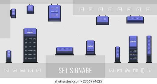 Set of signage vector. Exterior and interior signage concep. Direction, pole, wall mount and traffic signage system design template set. Office exterior monument sign, pylon sign.