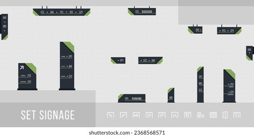 Zeichensatz, Vektorgrafik. außen und innen beschilderte Beschilderung. Design-Template-Set für Richtung, Pol, Wandmontage und Verkehrssignatur. Außenschild des Büros, Pylonschild.