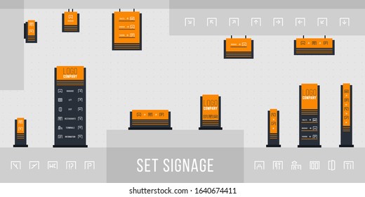 Set of signage vector.Direction,pole, wall mount and traffic signage system design template set.Exterior and interior signage concep. Office exterior monument sign, pylon sign.